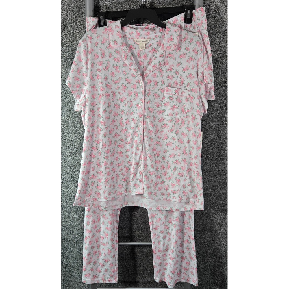 Laura Ashley Womens 3-Piece Pajama Set XL Pink Rose Floral Top Shorts Pants NEW - Picture 1 of 8